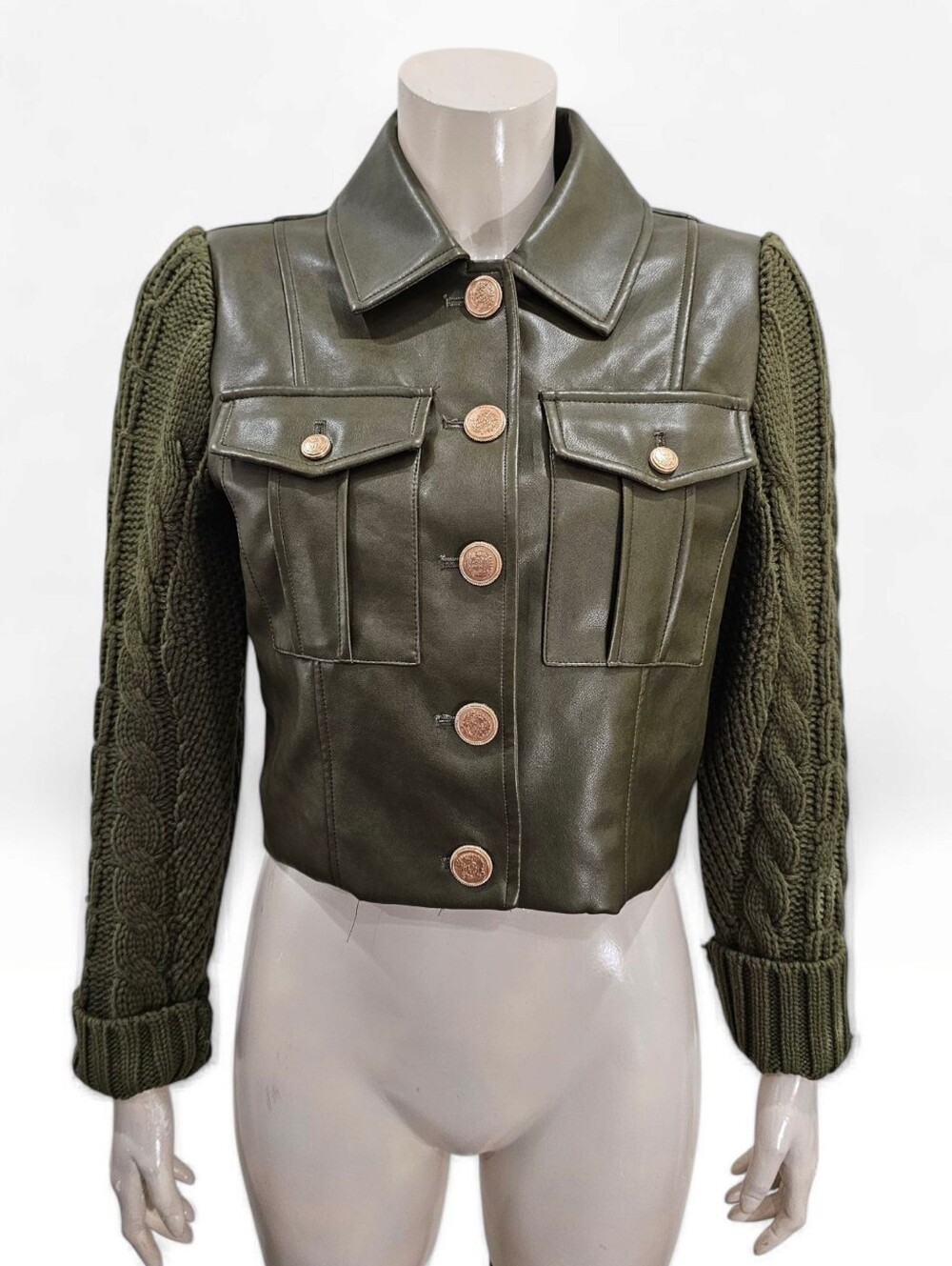7 FOR ALL MANKIND Women Olive Green Faux Leather Cable Knit Cropped Jacket S